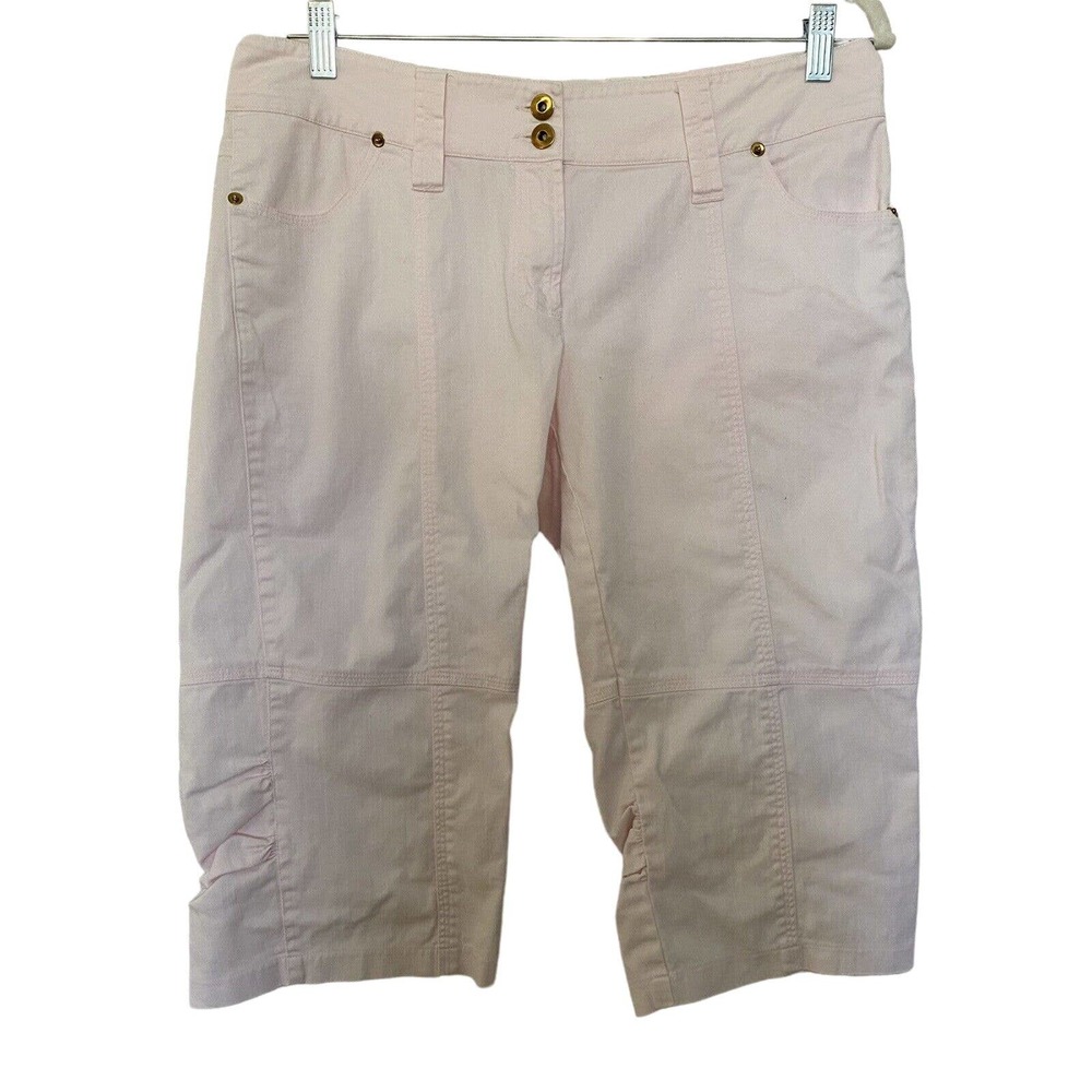 🌵 Cache Y2K Pale Pink Cropped Low Rise Pants Pedal Pushers Gold Accents - Sz 12